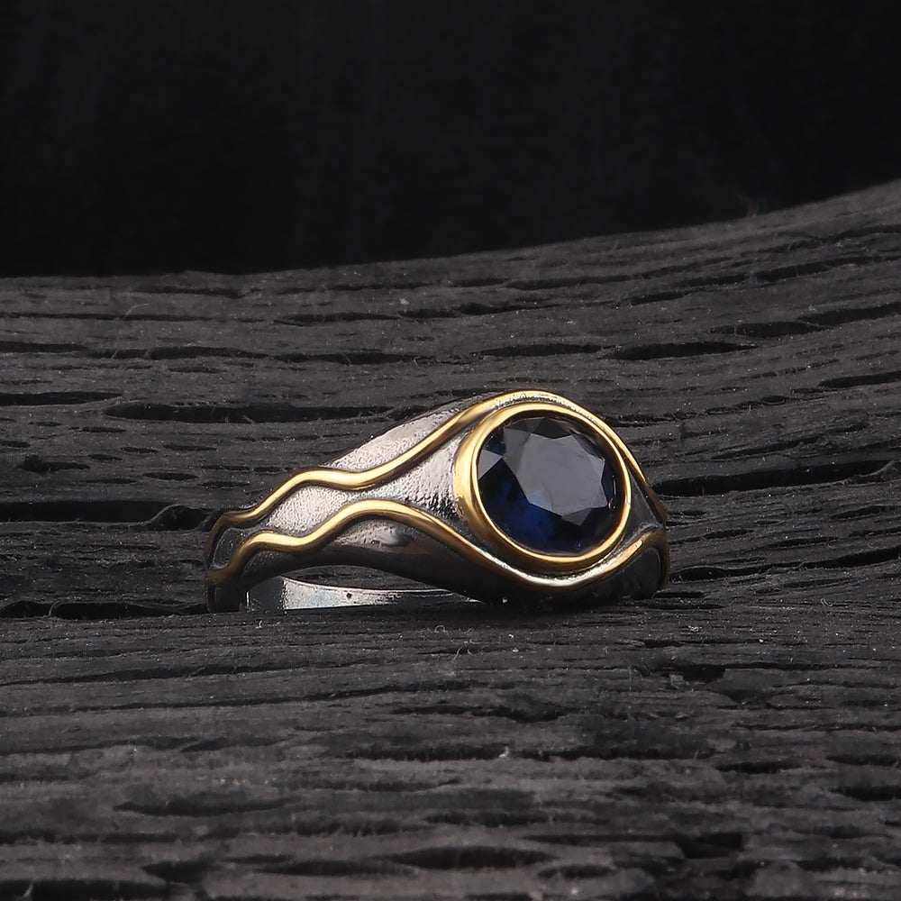 Menโs Silver Ring with Gold Accents and Midnight Blue Stone