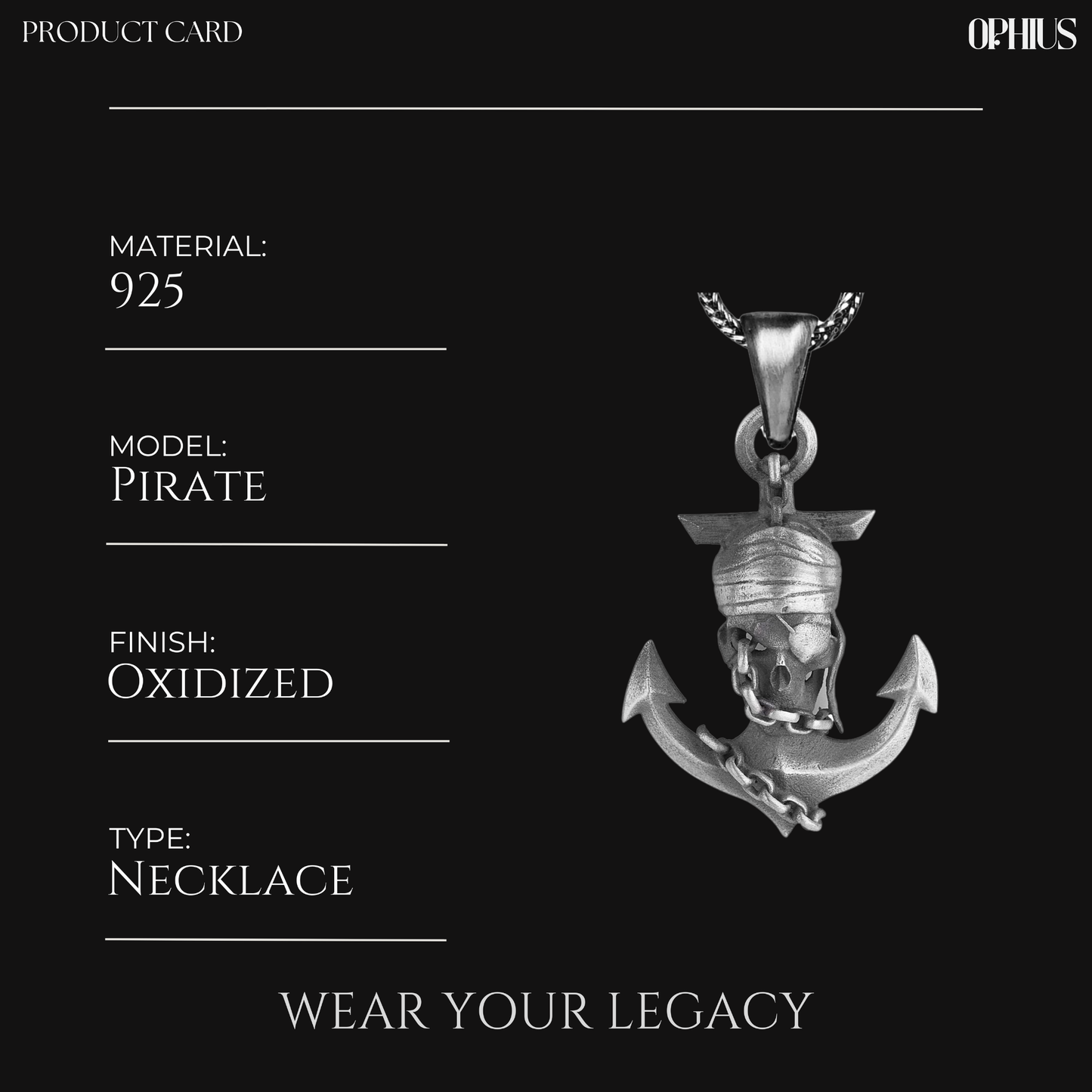 Silver Pirate Anchor Skull Men Necklace