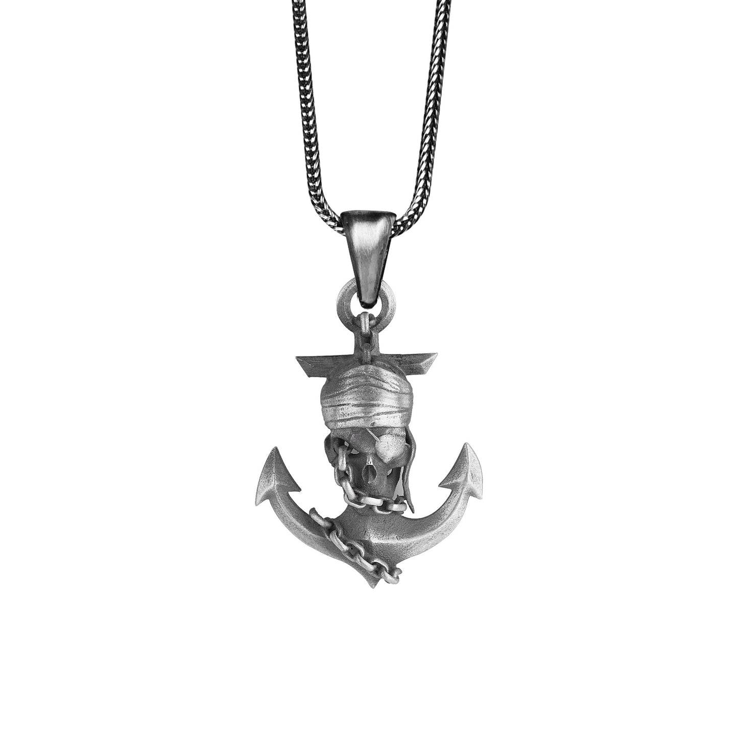 Silver Pirate Anchor Skull Men Necklace