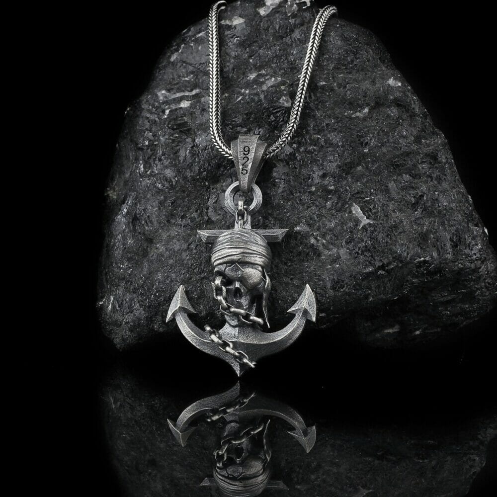 Silver Pirate Anchor Skull Men Necklace