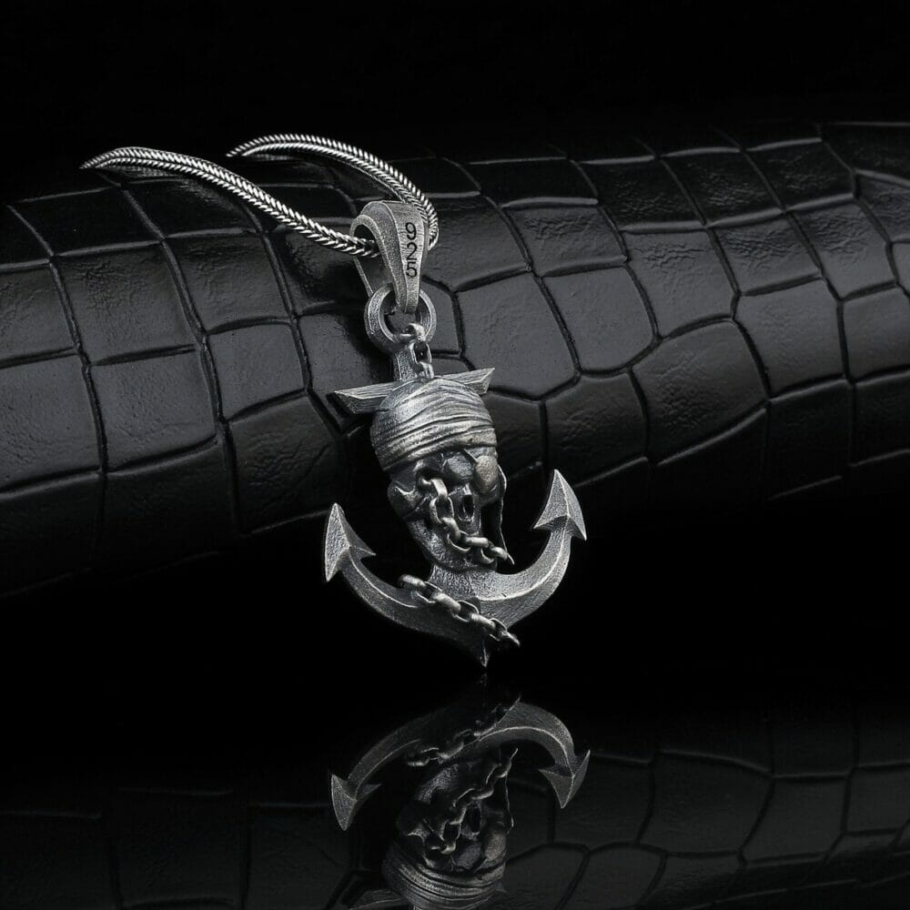 Silver Pirate Anchor Skull Men Necklace