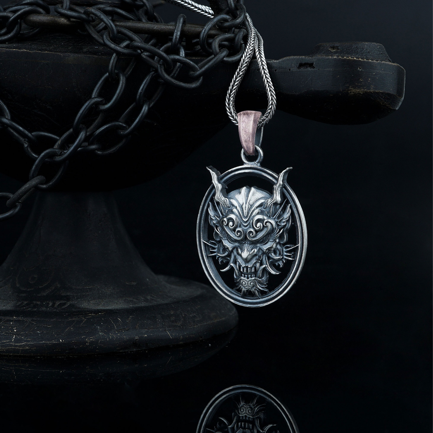 Sterling Silver Samurai Oni Mask Necklace