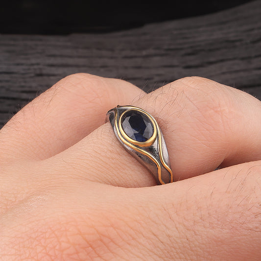 Men’s Silver Ring with Gold Accents and Midnight Blue Stone