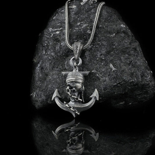 Silver Pirate Anchor Skull Men Necklace