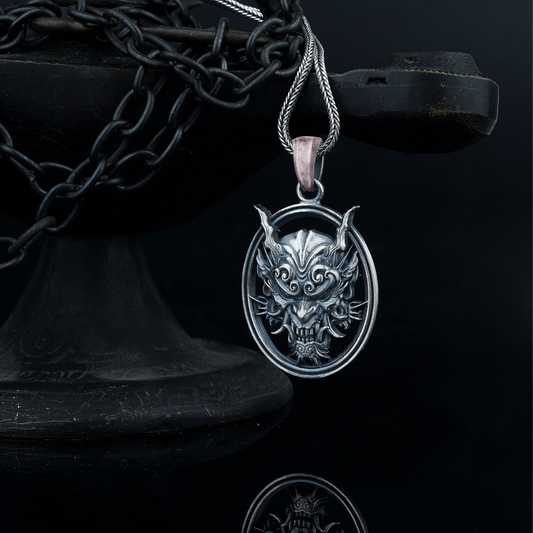 Sterling Silver Samurai Oni Mask Necklace